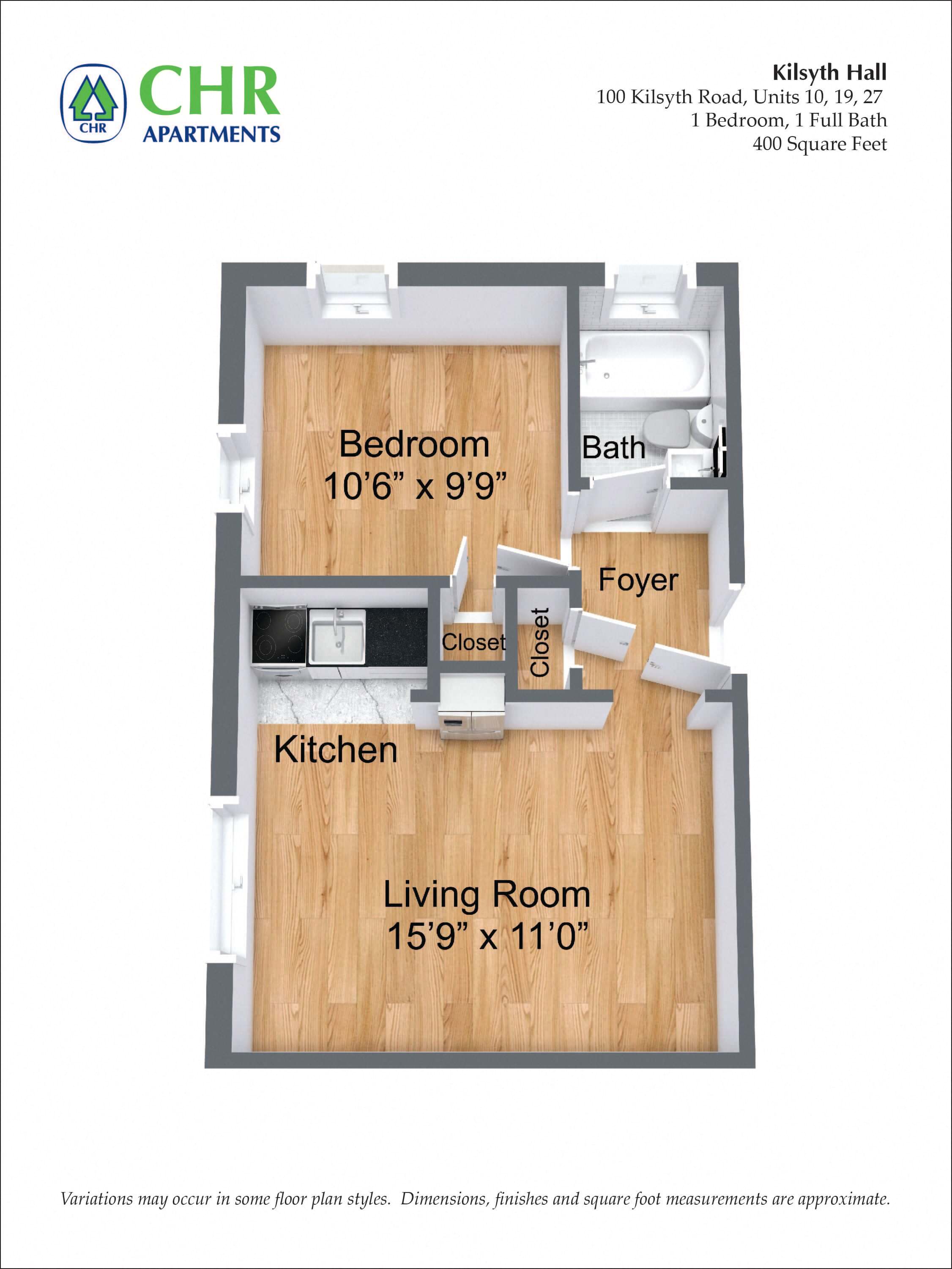 Floor plan for 1 bed, 1 bath, 700 sqft